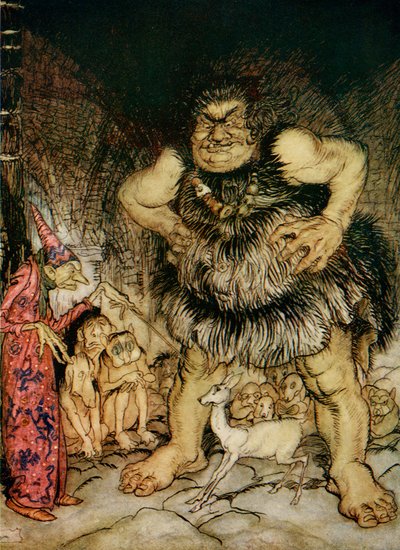 Der Riese Galligantua und der böse alte Zauberer verwandeln die Tochter des Herzogs in eine weiße Hirschkuh, Illustration zu Jack der Riesen-Killer, aus Englische Märchen nacherzählt von F.A. Steel, 1927 von Arthur Rackham